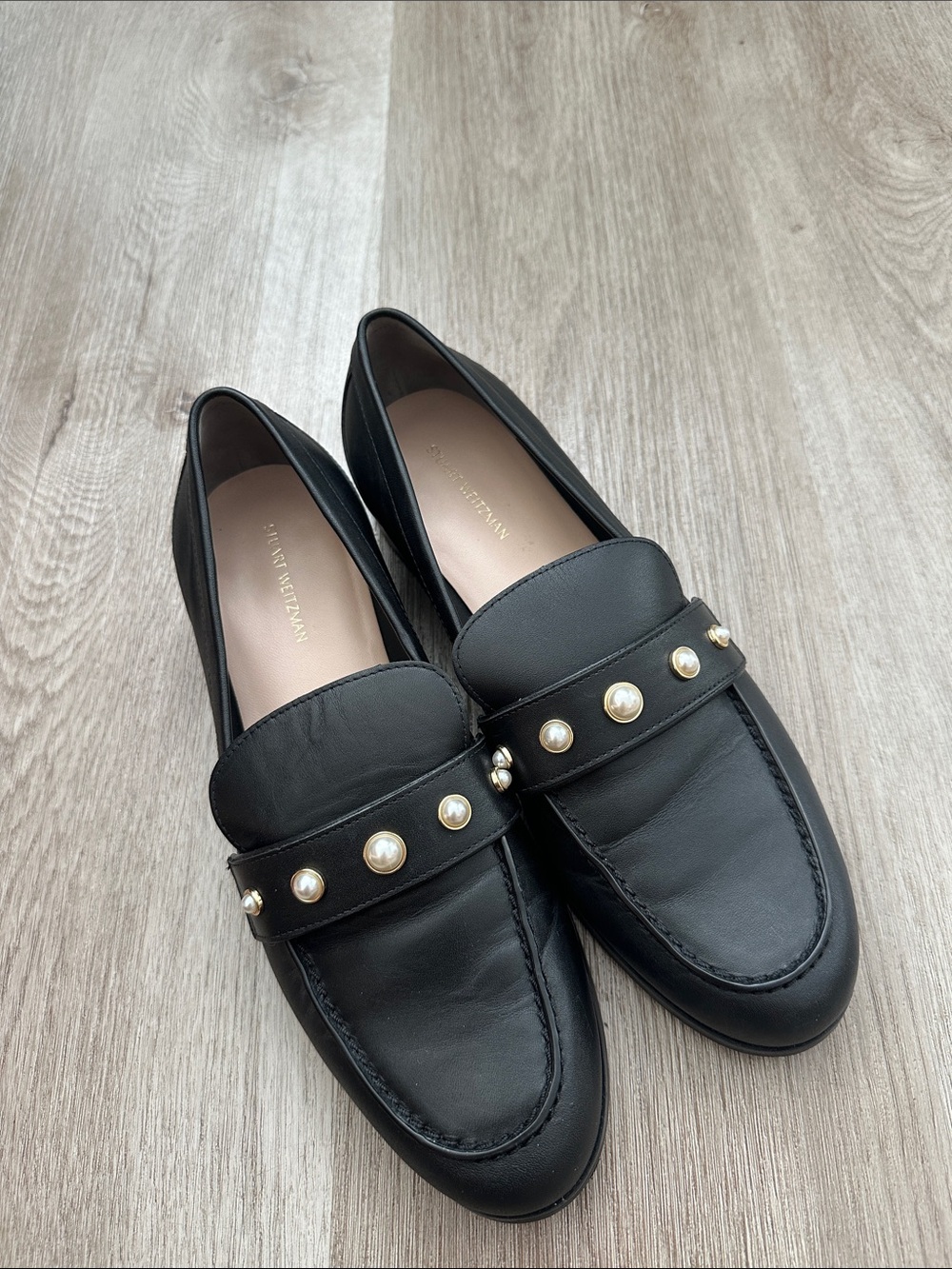 Black Pearl-Accent Leather Loafers — Women